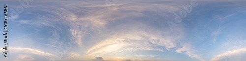 Bright sunset sky panorama with Cirrus clouds. Hdr seamless spherical equirectangular 360 panorama. Sky dome or zenith for 3D visualization, game and sky replacement for aerial drone 360 panoramas. © panophotograph