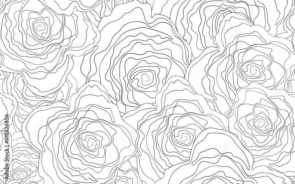 Seamless floral pattern silhouette art line ornaments. Black and white background with flowers. Vector illustration. Simple minimalistic pattern. Contour graphics for invitation, card, textile, fabric