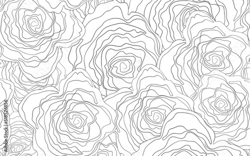 Seamless floral pattern silhouette art line ornaments. Black and white background with flowers. Vector illustration. Simple minimalistic pattern. Contour graphics for invitation  card  textile  fabric