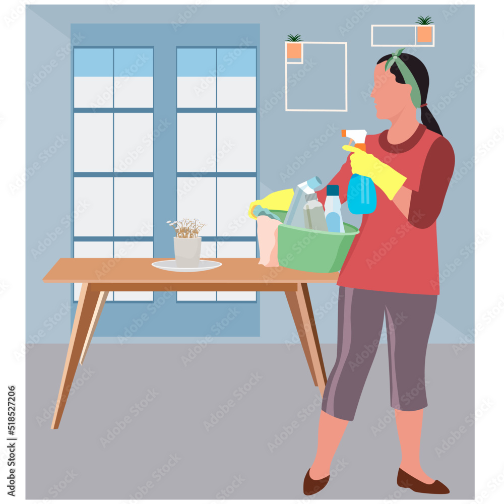 girl cleaning a room with a table