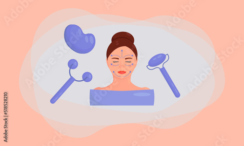 face lifting. Young beautiful woman with facial gua sha stone and roller. Facial yoga. A facial massage with a manual massager. Cosmetologist, skin care and treatment. Anti-aging skin care method