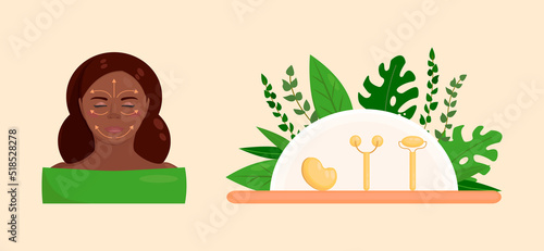 face lifting. Young beautiful woman with facial gua sha stone and roller. Facial yoga. A facial massage with a manual massager. Cosmetologist, skin care and treatment. Anti-aging skin care method