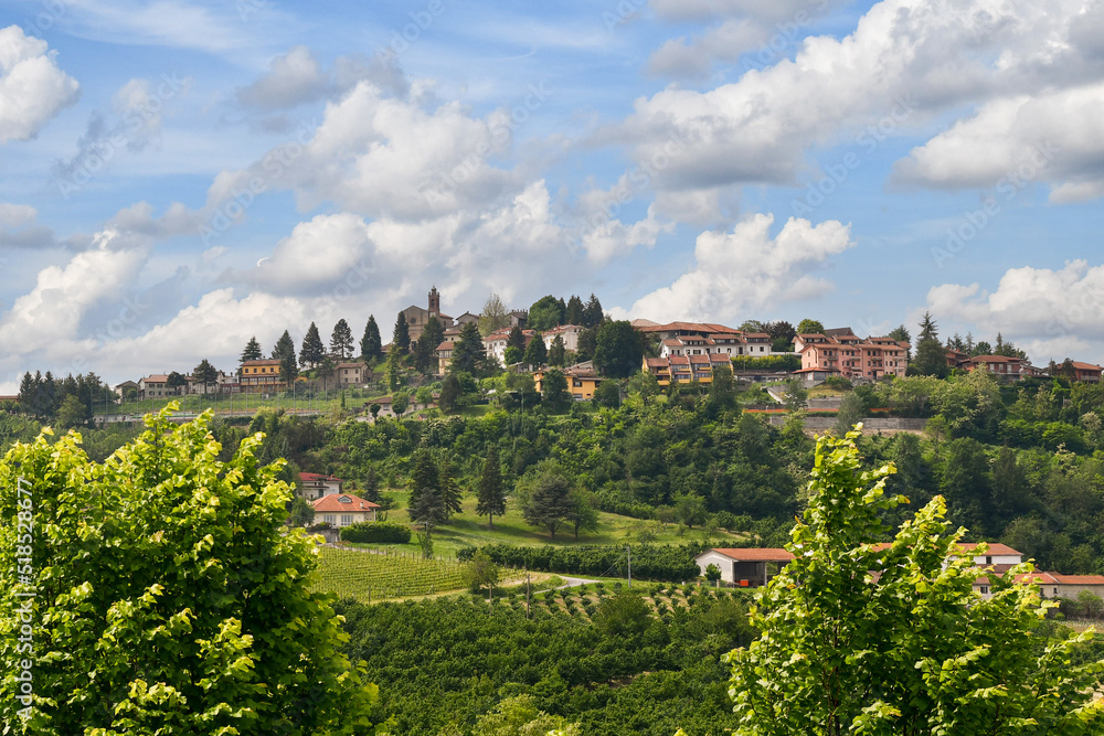 View of the ancient village on the top of a hill in the Langhe area, popular tourist destination for wine and food lovers, Benevello, Cuneo, Piedmont, Italy