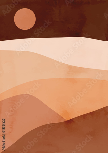 Modern abstract minimalist landscape posters. Hills, fields and sun. Pastel colors, earth tones. Boho mid-century prints. Abstract contemporary aesthetic backgrounds landscape.Flat design. © Anna