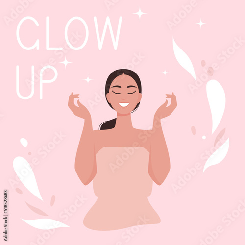 Glow up card. Concept of daily self care and healthy treatment to get glowing beautiful look. Vector illustration. 