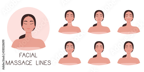 Step by step infographic with facial massage lines for gua sha apply. Anti aging relaxation repair treatment. Set woman portrait with massage scheme. Vector illustration isolated on white background. 