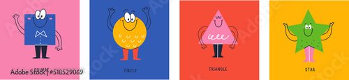 Set of Various bright basic Geometric Figures with face smiling. Cute funny characters. Different shapes. Hand drawn trendy Vector illustration for kids. All elements are isolated