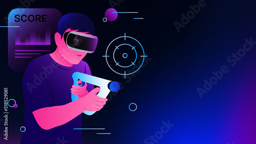 Shooter Video Game in Metaverse. Virtual Reality Gaming Illustration. Vector illustration