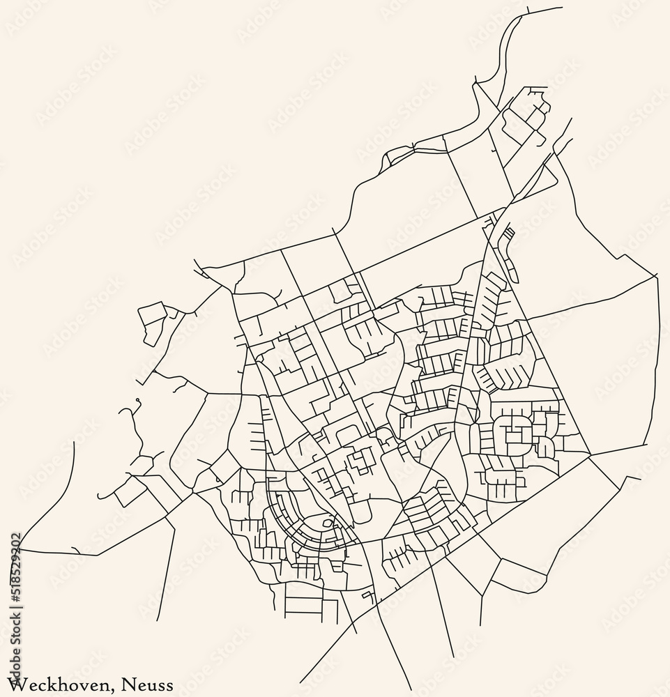 Detailed navigation black lines urban street roads map of the WECKHOVEN DISTRICT of the German regional capital city of Neuss, Germany on vintage beige background