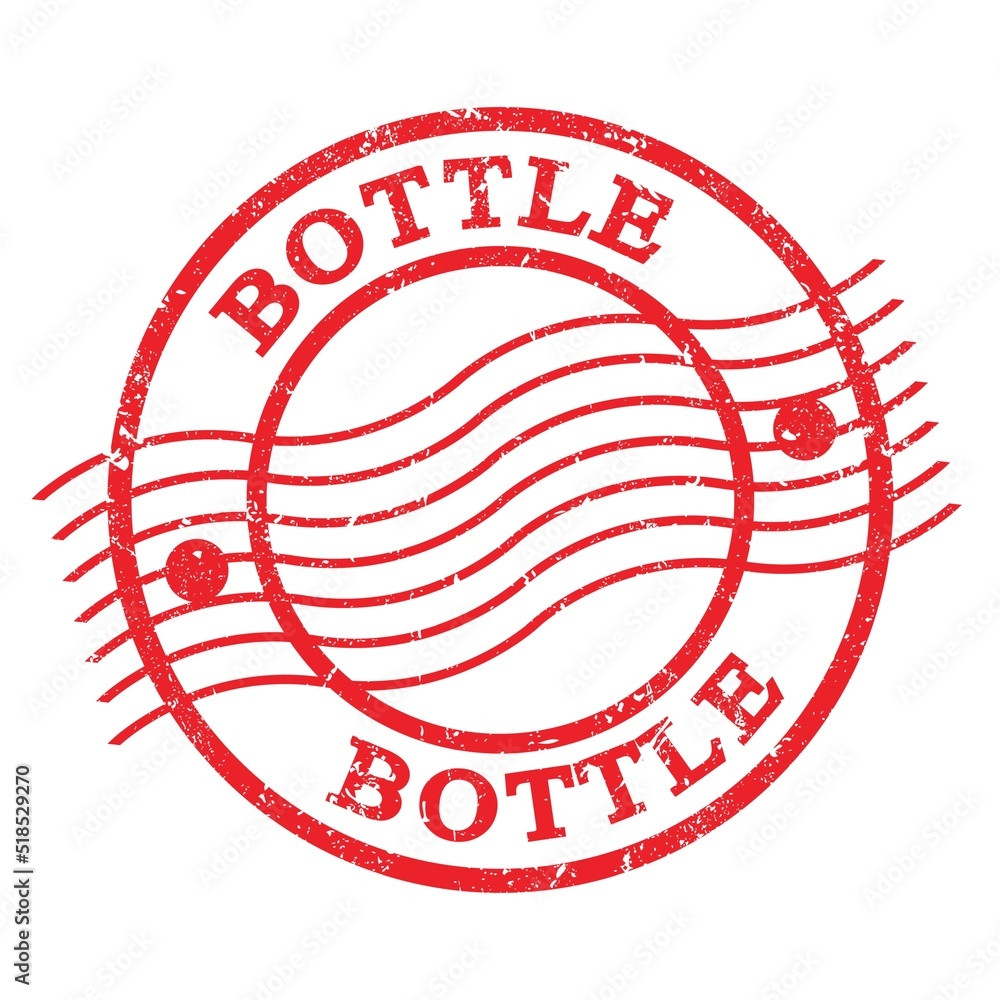 BOTTLE, text written on red postal stamp. BOTTLE, text written on red postal stamp.
