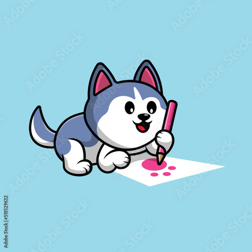 Cute Husky Dog Drawing Cartoon Vector Icon Illustration. Animal Flat Cartoon Concept 