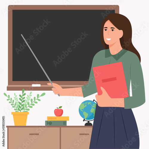 School teacher standing in front of blank school blackboard. Female teacher showing something using pointer stick.Vector illustration