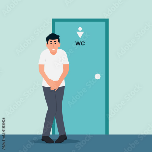 Stressed man standing standing at the closed toilet door and want to pee   Anxious guy  with a full bladder need a toilet, desperation.Vector illustration.