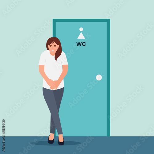 Stressed man standing standing at the closed toilet door and want to pee Anxious guy with a full bladder need a toilet, desperation.Vector illustration.