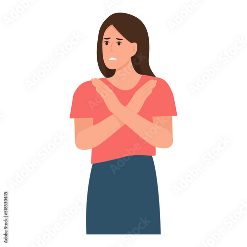 Woman  expressing rejection.Finger language, non verbal communication.Girl rejecting something with stop hand gesture.Vector illustration isolated