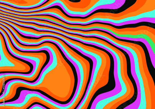 The 1970s-style wavy retro background in a psychedelic bright acidic colors.