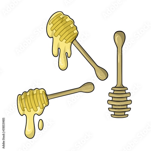 A set of pictures, a clean wooden spoon for honey, thick honey, vector illustration in cartoon style