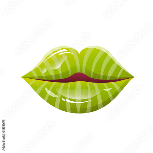 vector juicy lips with watermelon print, summer kiss, trendy and striped lips, green watermelon, bright makeup