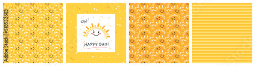 Vector Set of Cute Sunset or Sunrise Smiling Faces Seamless Patterns and "Oh happy day" Poster or Print. Childish Bright Yellow Backgrounds with Doodle Funny Half Sun for Kids Fashion Design.
