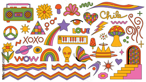 Set of hipster retro cool psychedelic elements. Collection stickers of groovy cliparts from the 70s 60s. Collage with trendy pop vibe with funky design element. Abstract background of cartoon sticker