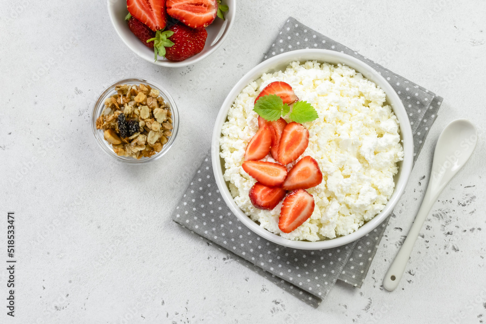 Cottage cheese breakfast bowl. Top view, copy space, flat lay.