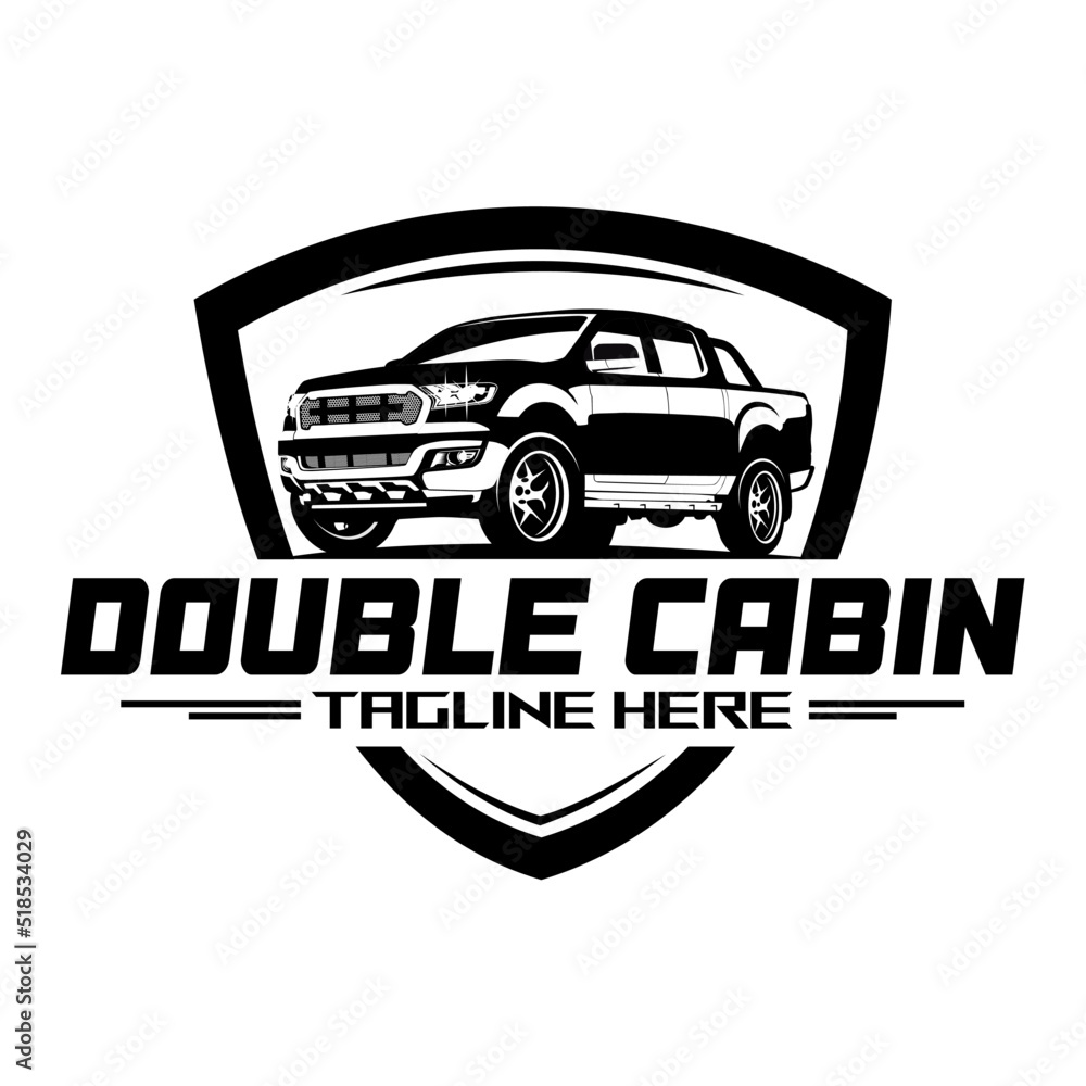 Badge Logo vector double cabin pickup car in black on a white background, used for the logo of an automotive service company. Badge Logo vector double cabin pickup car in black on a white background, used for the logo of an automotive service company.