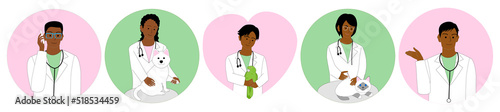 An icon set of five black veterinarians with white background