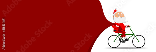 Christmas card with copy space. Santa on bicycle pulling sack with gifts. Vector illustration.
