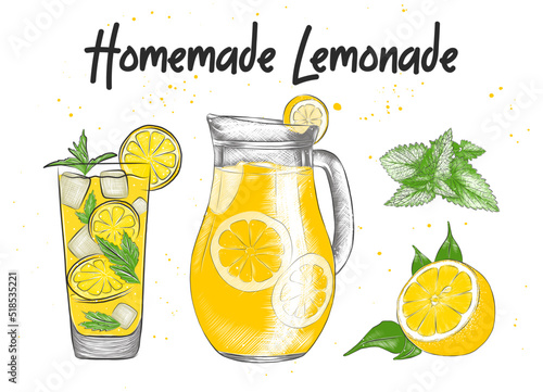 Vector engraved style Lemonade drink, carafe, glass, lemon, mint leaves illustration for posters, decoration, logo and print. Hand drawn sketch, beverage ingredients. Detailed colorful drawing.