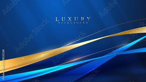 Blue luxury background with gold ribbon decoration and glitter light effect elements.