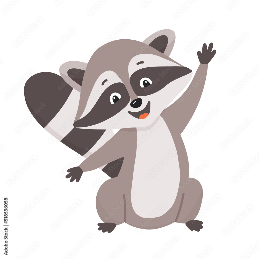 Naklejka premium Funny cute cartoon raccoon waving hand. Vector illustration of small raccoon character isolated on white
