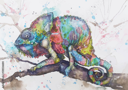 Vector file of watercolor illustration of a chameleon on a tree
