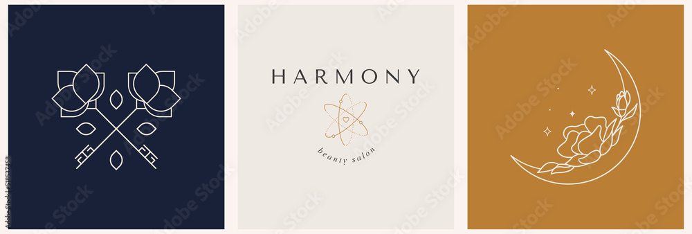 Set of logo templates with olive tree, moon and keys in linear style. Logo template for packaging, cosmetics, handicrafts, beauty products, etc. Set of logo templates with olive tree, moon and keys in linear style. Logo template for packaging, cosmetics, handicrafts, beauty products, etc.