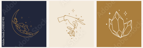 Mystical female hands logo in minimal linear style. Vector logo design. Templates with various hand gestures, moon, flower, stars and crystals. For cosmetics, beauty, tattoo, spa, manicure, jewelry st