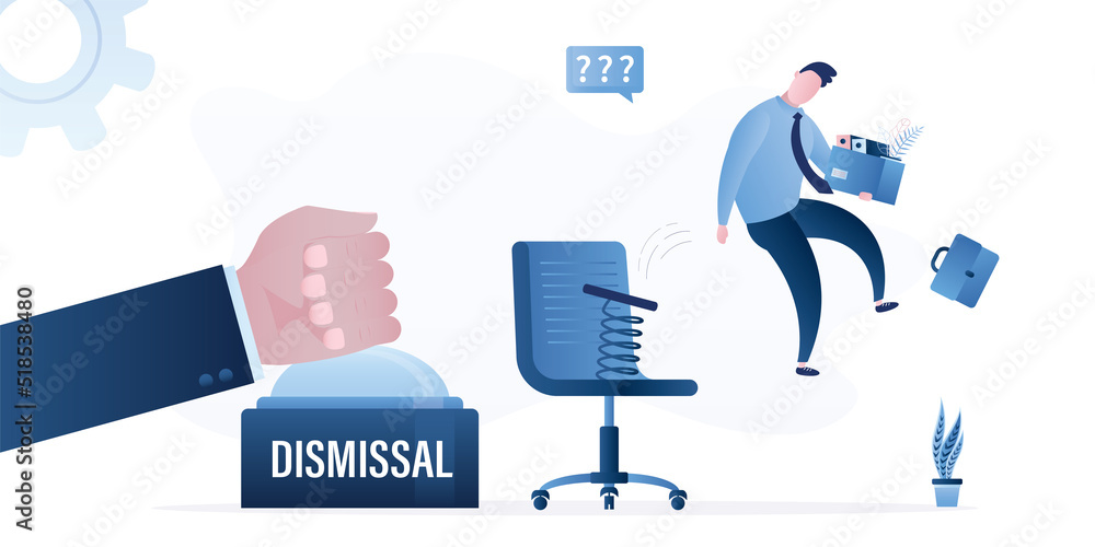 Boss hand push dismissal button, staff reduction. Large spring pushes businessman out of office chair. Unemployment, layoffs during economic crisis. Unhappy jobless male manager. Boss hand push dismissal button, staff reduction. Large spring pushes businessman out of office chair. Unemployment, layoffs during economic crisis. Unhappy jobless male manager.