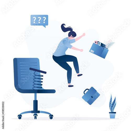 Dismissal, staff reduction. Large spring pushes the businesswoman out of the office chair. Unemployment, layoffs during the economic crisis. Unhappy woman manager.