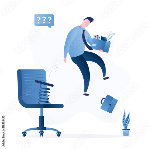 Dismissal, staff reduction. Large spring pushes the businessman out of the office chair. Unemployment, layoffs during the economic crisis. Unhappy jobless male manager.
