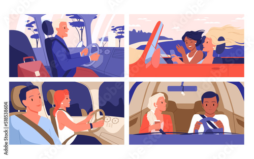 Set of different people and couples driving car. Personal transportation, work vehicle commuting, convertible auto, spending time with friends, family road trip vector illustration