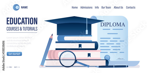Online education or business training, web page template. Distance education landing page. Courses and tutorials. Pile of textbooks, graduate hat and diploma. Office supplies.