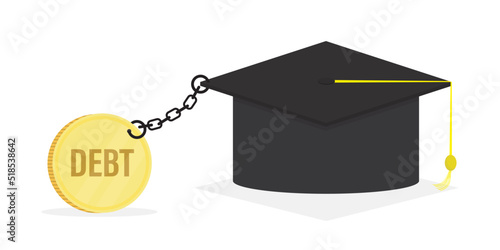 Graduation hat is chained to large golden coin. High tuition fees, loan to pay for university or college. Debt burden after education.