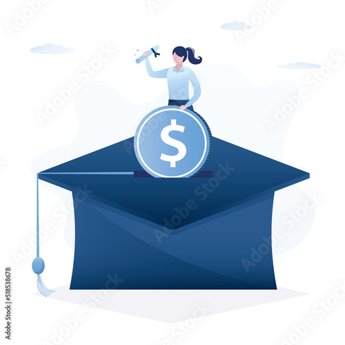 Woman student insert big dollar coin into mortarboard saving box while holding degree scroll. Education fund for college, saving for school or university tuition fee.
