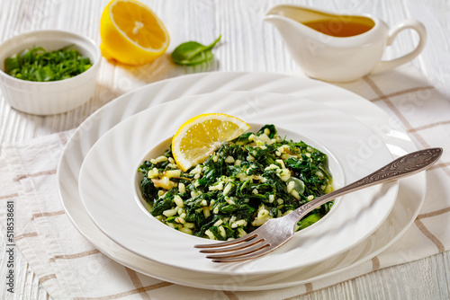 Spanakorizo, Greek spinach and rice pilaf in bowl