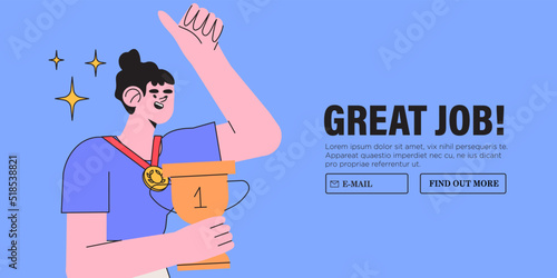 Female employee with gold goblet or cup happy celebrate victory. Success and achievement in business or career concept. Woman win first place in competition. Leadership, victory, success. Great work.