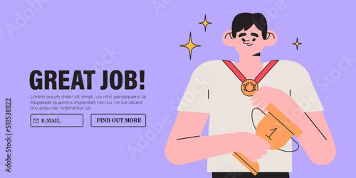 Male employee with gold goblet or cup happy celebrate victory. Success and achievement in business or career concept. Man win first place in competition. Leadership, victory, success. Great work.