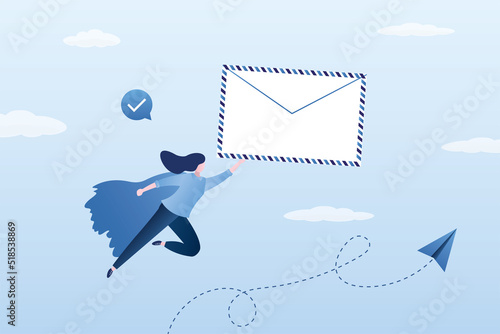 Businesswoman looking like superhero carrying big email envelope flying to recipient address. Email communication, promotion or marketing campaign from subscription, sending message