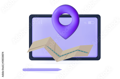 Mobile location 3d. Definition or position mark gps icon on the old map. Delivery location, destination, route, geo position mark, directions. Online search, road, use app on tablet. Vector 