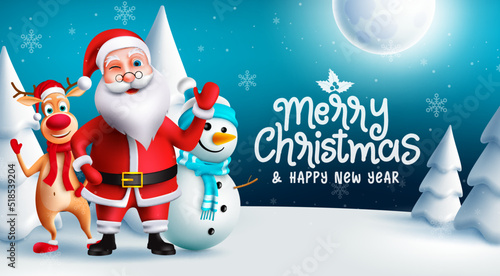 Christmas character vector design. Merry christmas text with xmas characters of santa claus, reindeer and snowman waving in winter eve for holiday season greeting. Vector illustration.
