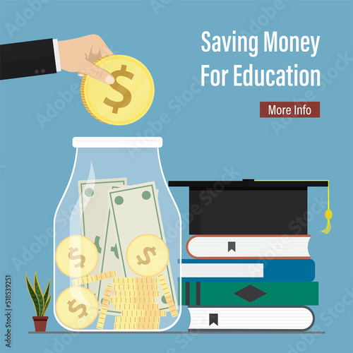 Saving money for education. Big hand puts golden coin in glass jar. Stack of textbooks and graduation hat. Payment for tuition fees. Grant or scholarship to study at college or university.