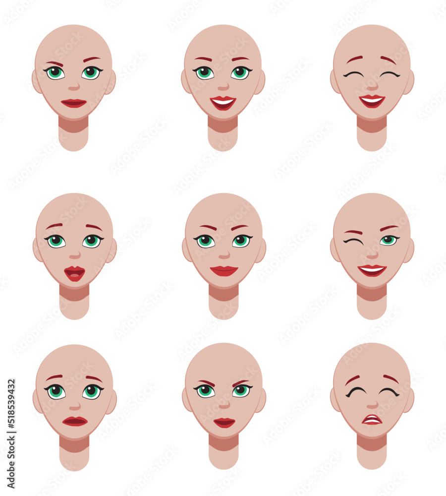 Emotions girl. Face expressions. Different female emotions, set. Attractive cartoon character. Vector illustration isolated on white background. Emotions girl. Face expressions. Different female emotions, set. Attractive cartoon character. Vector illustration isolated on white background.