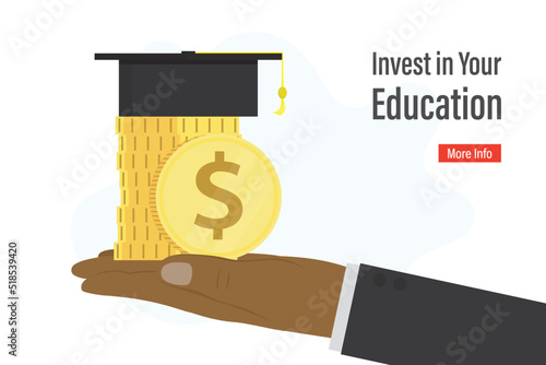 Human hand holds golden dollar coins and graduate hat. Invest in your education. Saving money to pay for tuition fees. Grant or scholarship to study at college or university.